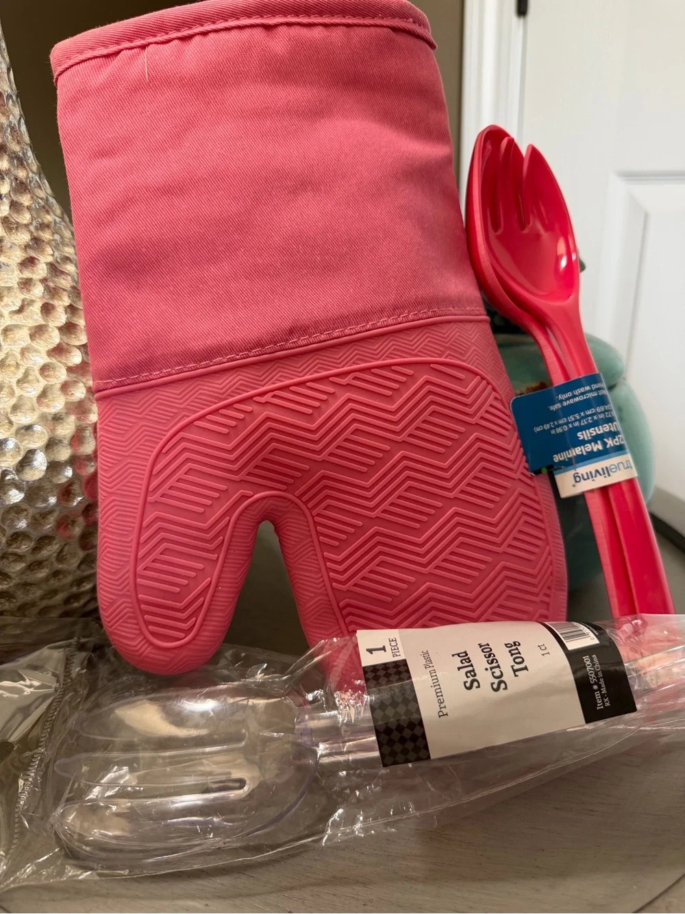 Pink Silicone Oven Mitt, Serving Spoon Set, and Salad Tongs - 3 Piece Bundle.